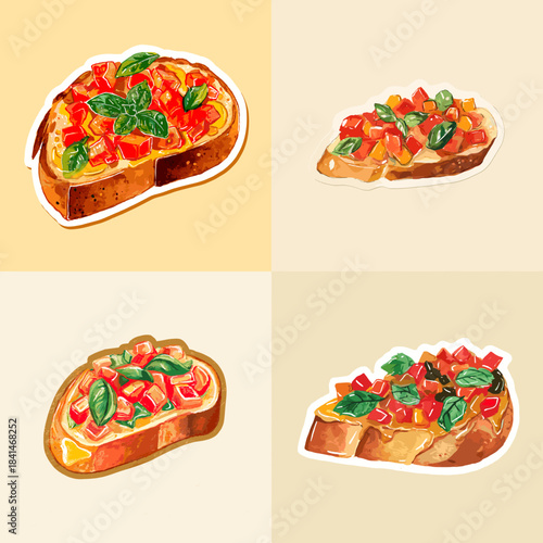 A set of bruschetta toast illustrations topped with tomatoes, herbs and olive oil in a rustic Italian food style.
