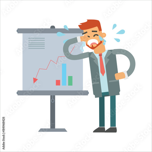 Businessman crying with tears next to a chart showing a crash or financial loss