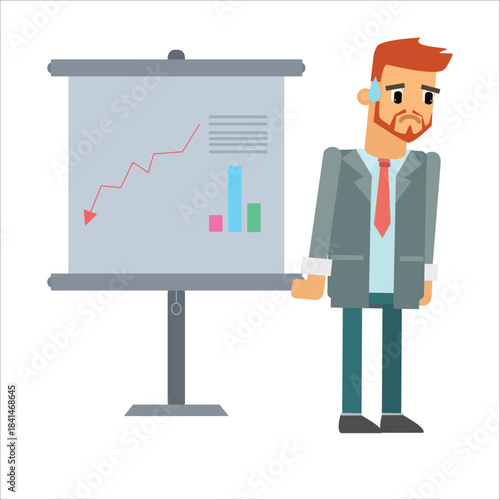 Nervous businessman sweating and holding a blank board next to a chart. Concept of anxiety