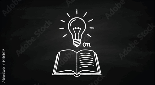 Hand Drawn Chalk Illustration of Open Book with Glowing Idea Light Bulb on Dark Chalkboard Background