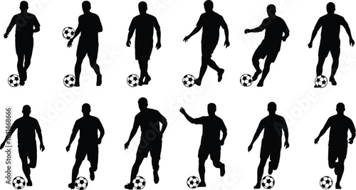 Collection of soccer player silhouettes performing football skills and dribbling poses, dynamic sports vector illustration for athletic design, training posters, team graphics, and game concepts
