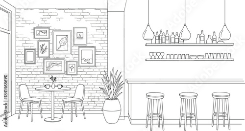 Detailed Black and White Line Art Vector of a Modern Cafe or Bar Interior with Brick Wall, Bar Stools, and Shelves, Ideal for Restaurant Design