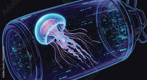 Futuristic Bioluminescent Jellyfish with Neon Tentacles on a Digital Technology Background