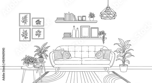 Detailed Black and White Line Art Vector of a Cozy Living Room Interior with Sofa, Houseplants, and Shelves, Ideal for Modern Home Decor Design