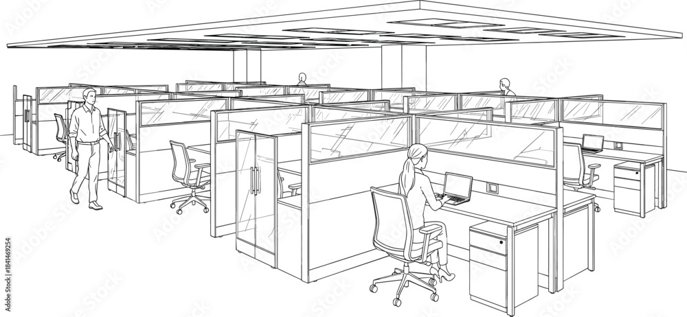 Obraz premium Detailed Black and White Line Art Vector of a Corporate Office Floor with Cubicles, Desks, and Working Employees for Business Workspace Design