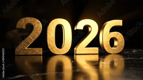 Golden 2026 year numbers on dark reflective surface background