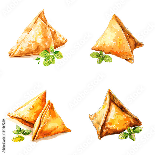 A set of crispy samosa illustrations with golden fried pastry and herb garnish in a flavorful artistic food style