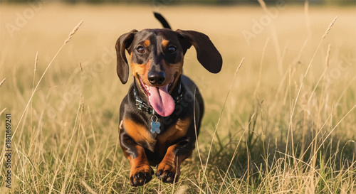 Happy Black and Tan Dachshund Dog Outside on Green Field, Tongue Out, Sunny Day