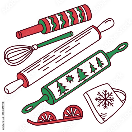 Christmas Cookie Baking Tools & Supplies Vector Set – Festive Kitchen Accessories, Rolling Pins with Holiday Patterns, Whisk, and Snowflake Mug – Seasonal Winter Ginger Dessert Preparation Collection