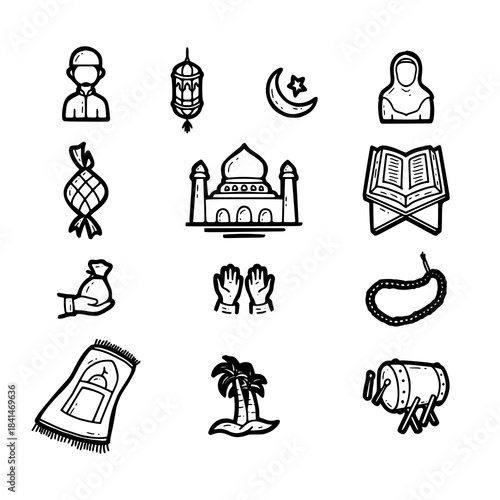Hand drawn Islamic doodle icon set for Ramadan and Eid Mubarak vector