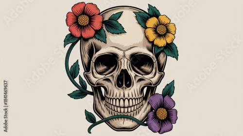 Vintage skull adorned with colorful flowers and vines