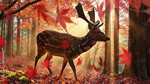 Autumn forest glows with crimson leaves as a stag pauses beneath towering pines. Sunlit path glows!!