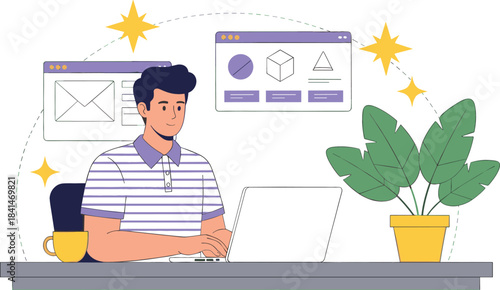 Vector Illustration of Freelance Graphic Designer or Web Developer Working on a Laptop, Focused on Creative Projects and Online Productivity