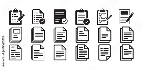 Document File Icons Set. Search, Download, Upload, Delete, Lock, Image, PDF, Folder Line Symbols. vector illustration eps 10