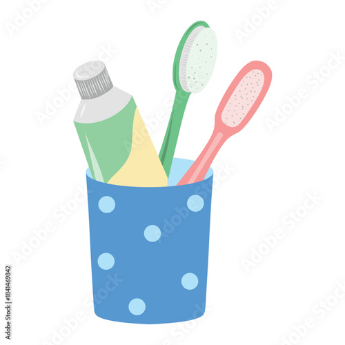 Toothpaste and brushes in cup, dental kit. Brush and paste cup illustration, oral care set. Toothbrush cup with tube, bathroom essentials