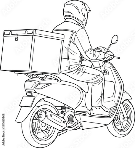 Black and White Line Art Vector of a Delivery Person on a Scooter with Large Box, Ideal for Courier Service and Fast Urban Logistics Illustration