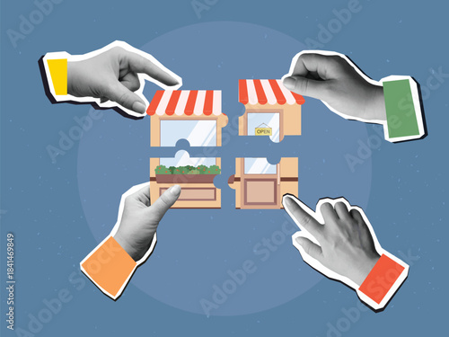 Black and white hands assembling puzzle pieces in the shape of a small store. Modern photo collage style. Vector illustration