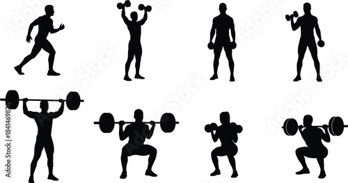 Set of athletic fitness silhouettes performing weightlifting, running, and dumbbell exercises, ideal vector illustration for gym training, bodybuilding, workout posters, and sports designs