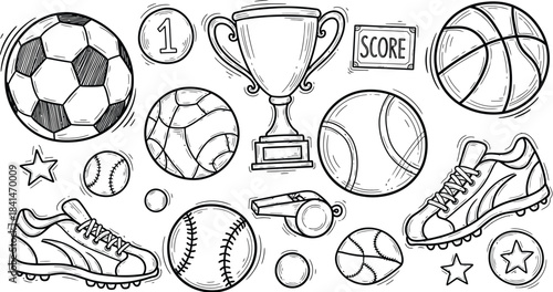 Collection of Hand Drawn Sports and Education Icons on White Background symbols drawing
