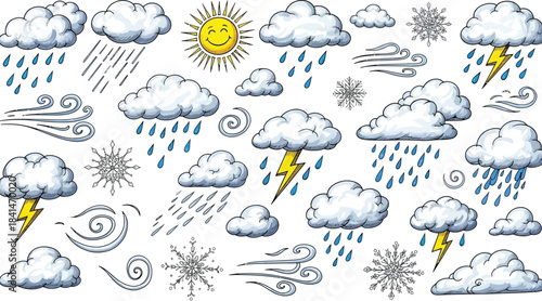 Collection of Hand Drawn Weather Icons with Blue Accents on White Background symbols drawing
