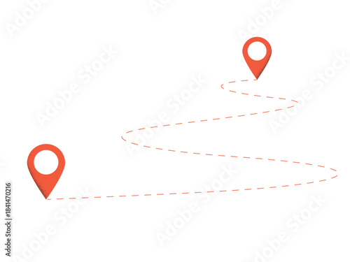 A red location pins connected by a dotted path line. Destination signs. Vector illustration isolated on a white background