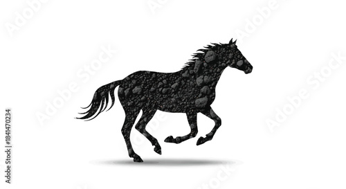 Dynamic Black Horse Running Silhouette with Detailed Texture, Isolated on White
