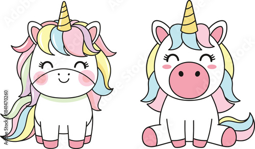 Cute pastel unicorn characters with rainbow manes sitting happily in adorable kawaii style fantasy vector illustration