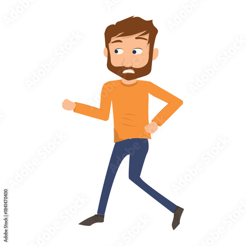 Man walking or running hurriedly, looking back with concern