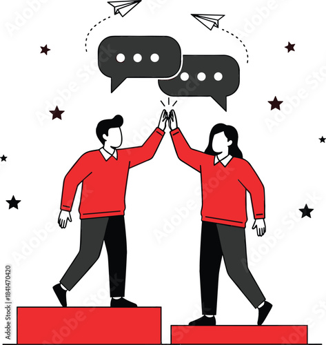 Vector Illustration of Team Members Giving a High-Five on a Podium, Symbolizing Successful Collaboration, Communication, Achievement, and Partnership