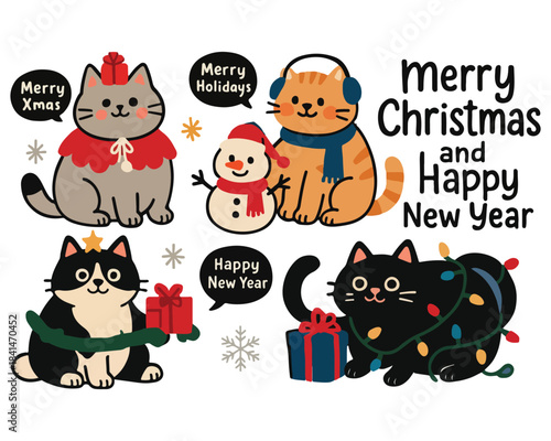 A collection of funny vector cartoon cats and Halloween monster illustrations