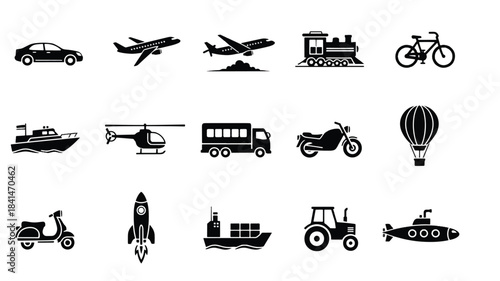 Set of Fifteen Transportation Vehicle Silhouettes - Black Icons of Car, Plane, Train, Truck, Ship, Motorcycle, and Scooter for Travel, Logistics, and Delivery Design
