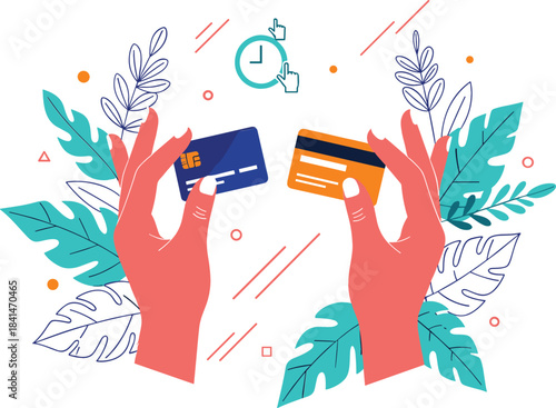 Vector Illustration of Hands Holding Two Credit Cards, Surrounded by Leaves and Clock Icon, Symbolizing Fast Online Payment and Digital Commerce Finance