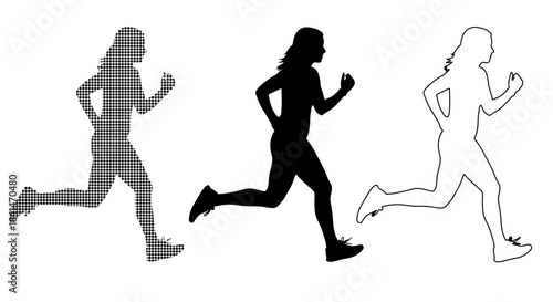 Female running silhouettes set including solid, dotted, and outline variations ideal for fitness designs, sports graphics, exercise icons, and motion artworks