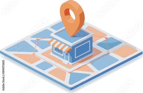 Isometric Vector Illustration of a Store or Shop Building on a Map with a Location Pin, Representing Retail, Local Business Search, and GPS Navigation