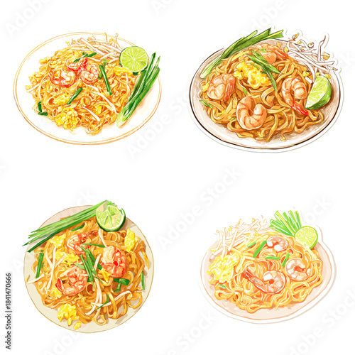 A set of pad thai illustrations featuring noodles, shrimp, egg, bean sprouts, lime and herbs in a vibrant artistic food style.