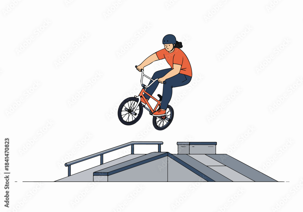 Fototapeta premium Dynamic illustration of a BMX rider performing an airborne trick over a skate park obstacle, embodying extreme sports, urban culture, and an active, thrilling lifestyle.