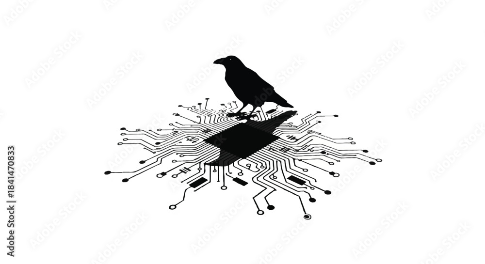 Fototapeta premium Black Raven Perched on Abstract Circuit Board Island, Technology and Nature Contrast