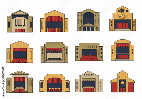 Collection of stylized vector icons depicting various theater and opera house buildings, showcasing facades, stages, and audience seating for arts and culture.