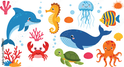 Large Vector Collection of Cute Cartoon Sea Animals, Featuring Dolphin, Whale, Octopus, Turtle, and Crab for Children's Marine Life Design