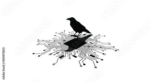 Black Raven Perched on Abstract Circuit Board Island, Technology and Nature Contrast