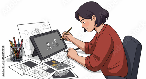 Artist illustrating on a digital tablet, surrounded by sketches and character designs, showcasing the creative process of animation and graphic art.