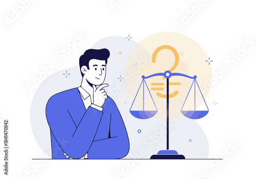 Businessman contemplating financial decisions and weighing options, symbolized by scales and a euro sign. Concept of investment, value, and economic choice.