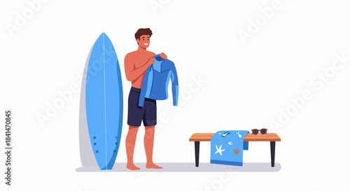 Smiling man preparing for surfing, holding a wetsuit next to his surfboard, with beach essentials on a bench. Summer water sports illustration.