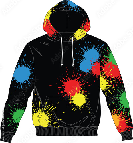 Black Pullover Hoodie Mockup with Colorful Paint Splatter or Explosion Graphic Design Pattern
