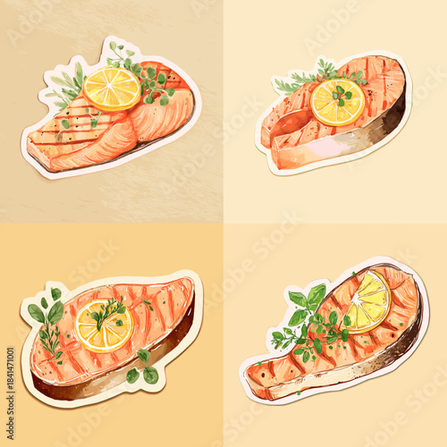 A set of grilled salmon illustrations with lemon slices and fresh herbs in a bright artistic seafood style.