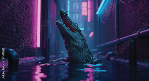 Sci-Fi City Scene with Neon Pink and Blue Glow and Alligator Emerging from Water