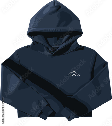 Navy Blue Cropped Hoodie Mockup with Minimal Embroidered Mountain Peak Outline Logo Design