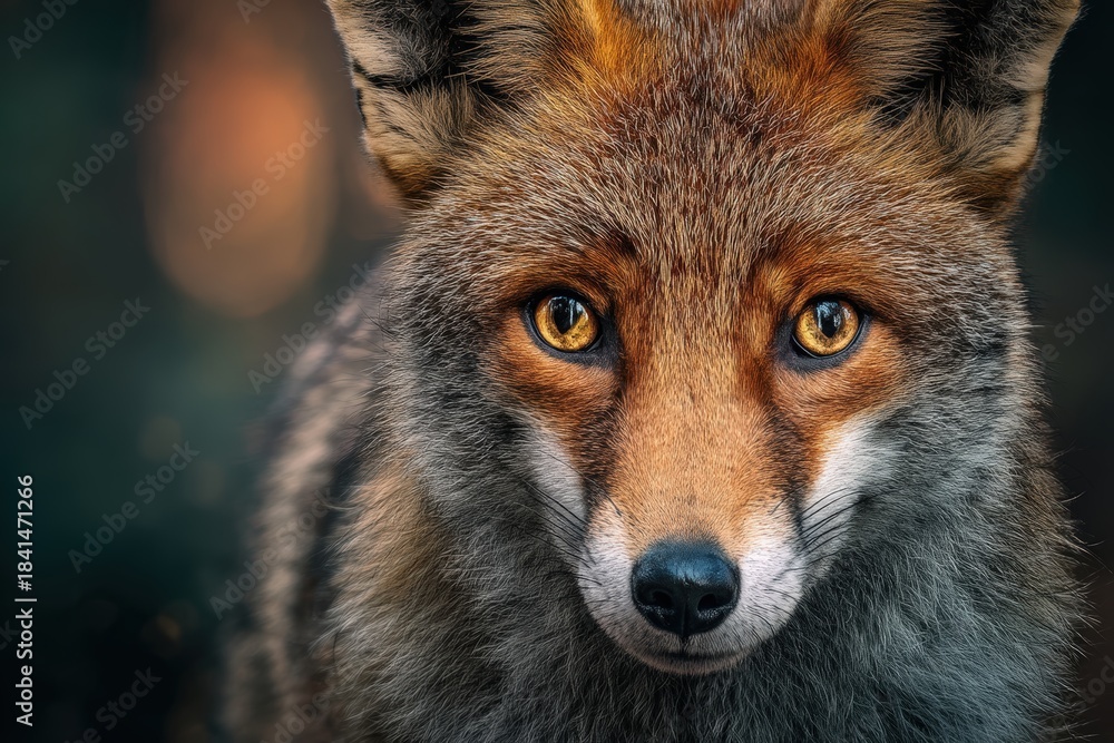 Obraz premium Close-up of a fox with striking amber eyes, bushy ears, and a soft fur coat. The gaze is direct and intense, capturing the mysterious and wild essence of the animal in vivid detail