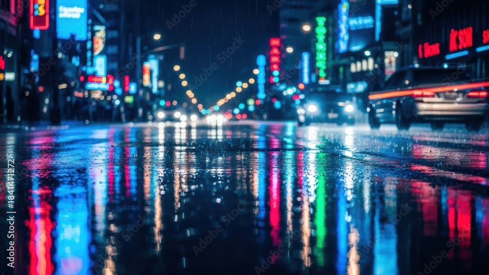 Fototapeta premium Neon City Reflection: A vibrant cityscape at night, with luminous neon signs reflecting on the wet pavement, creating a dazzling display of light and color.