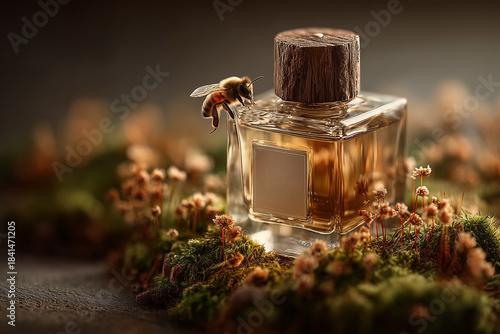 Natural fragrance, a perfume bottle placed on moss in a forest, a bee hovering nearby, botanical scents, an elegant perfume bottle, fragrance crafted from natural ingredients, a bottle made of natural